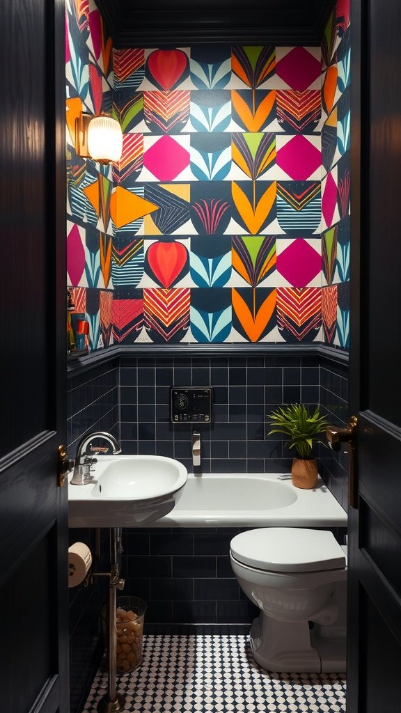 A small bathroom featuring bold geometric wallpaper with vibrant colors and shapes.