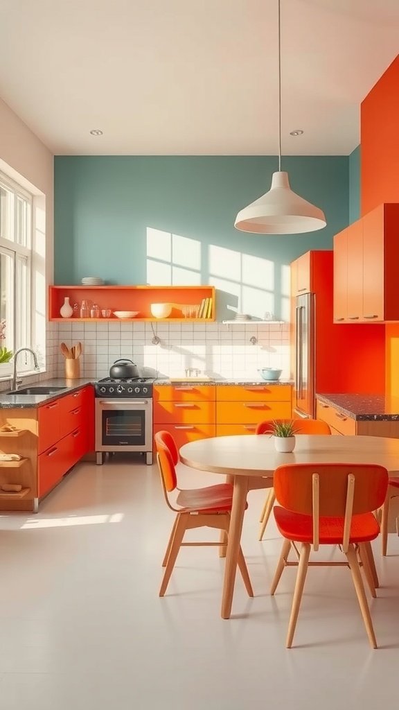 A modern kitchen featuring bold orange cabinets and teal walls, with wooden furniture.