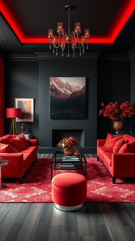 Living room featuring a bold red sofa and accents against a charcoal wall.