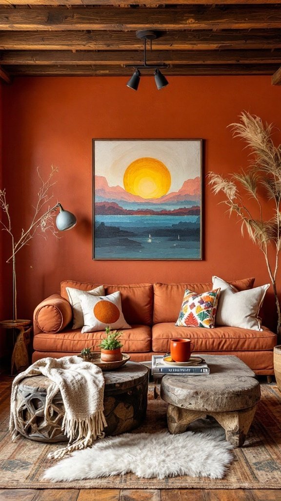 A living room featuring bold terracotta walls with orange furniture and decorative accents.