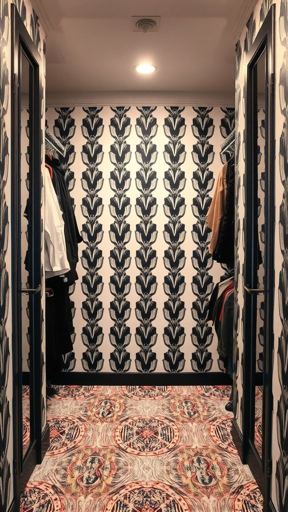 A walk-in closet with bold patterned wallpaper and colorful flooring.