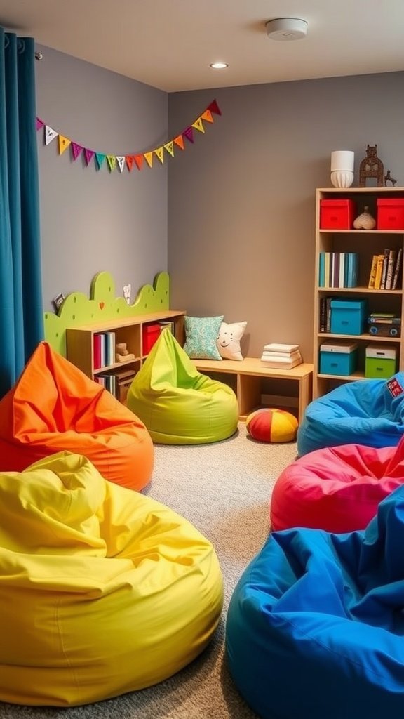 A cozy play area with vibrant bean bags in different colors, featuring a toddler relaxing on one.