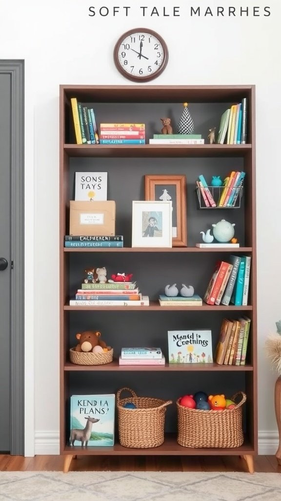 A wooden box shelf displaying books, toys, and decorative items