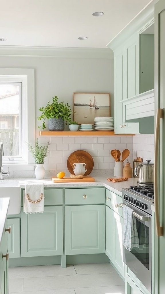 A kitchen featuring seafoam green cabinets with natural wood accents and bright lighting.