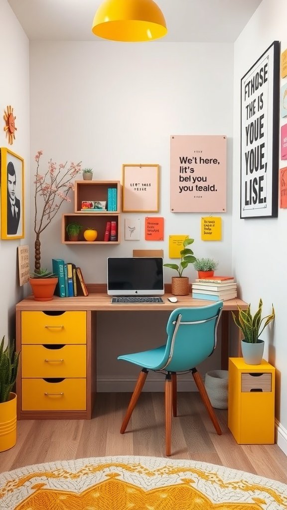 A bright and colorful study nook with a desk, computer, and decorative items.