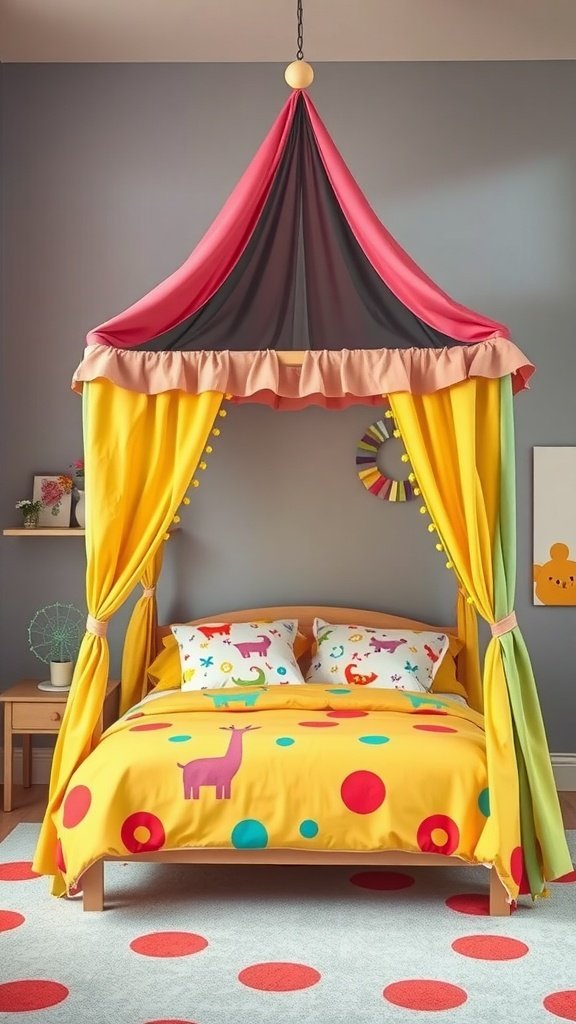 A bright and cheerful canopy bed for kids, featuring colorful drapes and playful bedding.