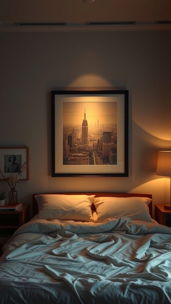 A cozy bedroom featuring warm backlighting illuminating bright artwork of a city skyline above a neatly made bed.