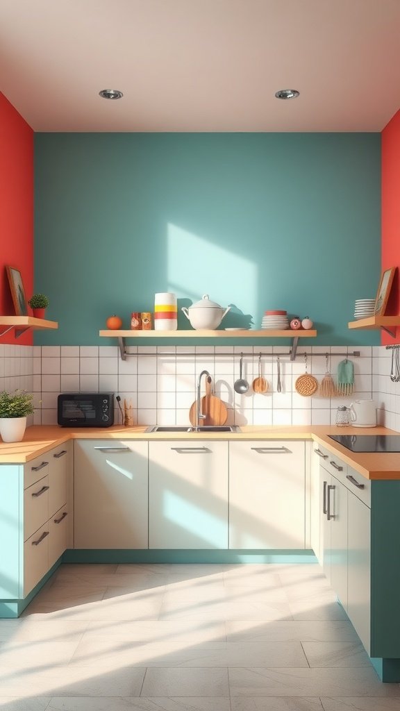A kitchen featuring bright color-blocked walls in red and teal with wooden shelves and a cozy atmosphere.
