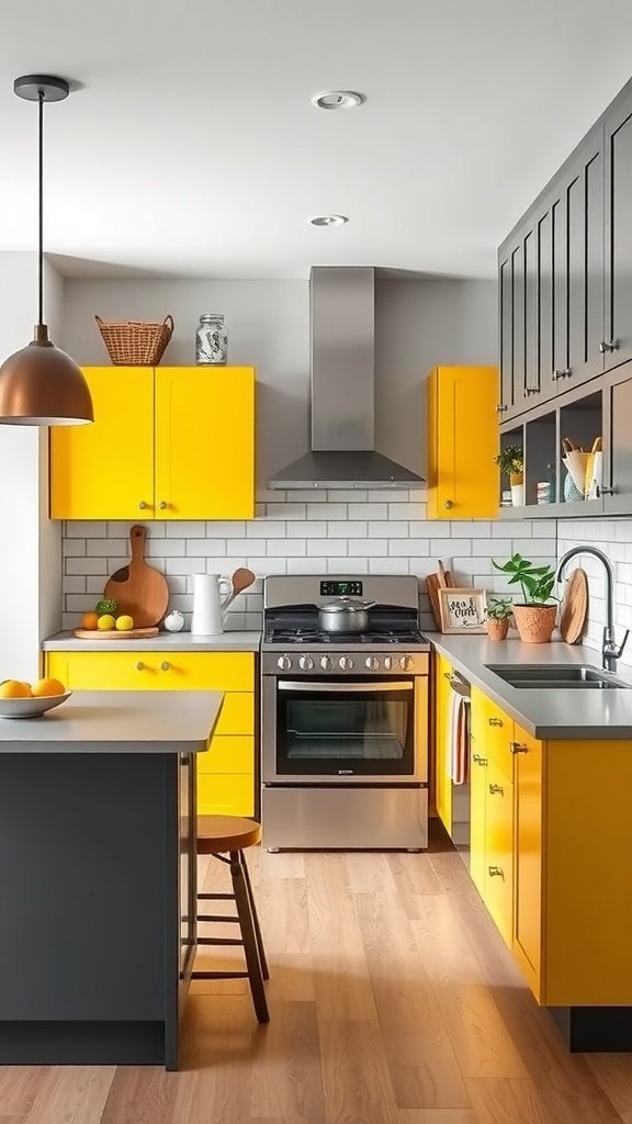 A modern kitchen with bright yellow cabinets and grey accents.
