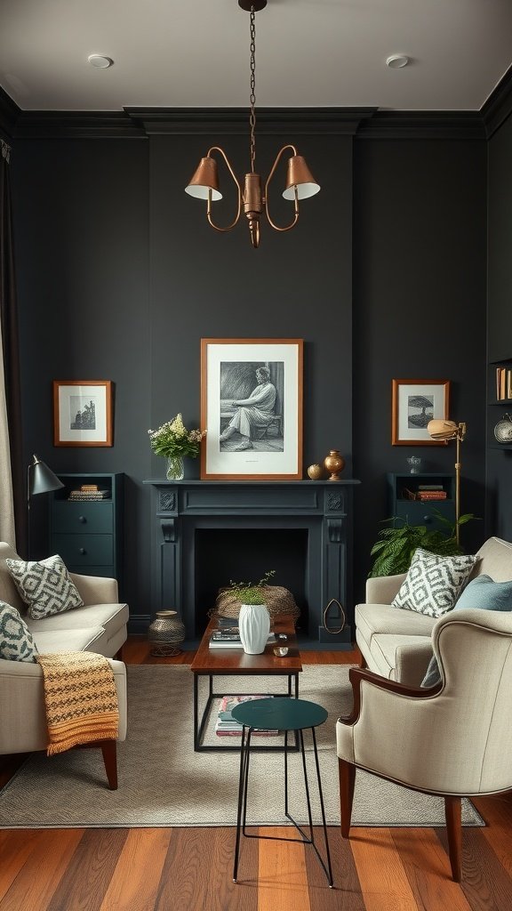 A cozy living room featuring dark walls and light furniture, with vintage decor elements.