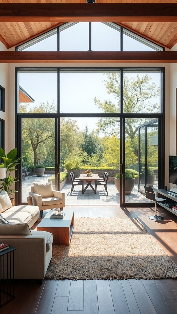 Modern farmhouse living room with large windows and natural light.