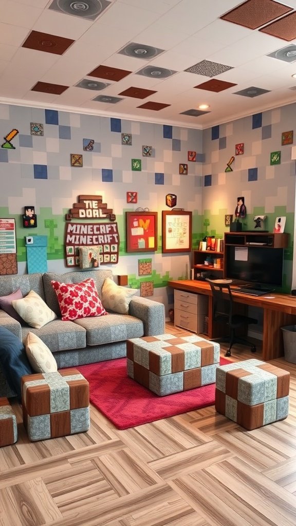 Minecraft-themed bedroom with pixelated decor and blocky furniture.