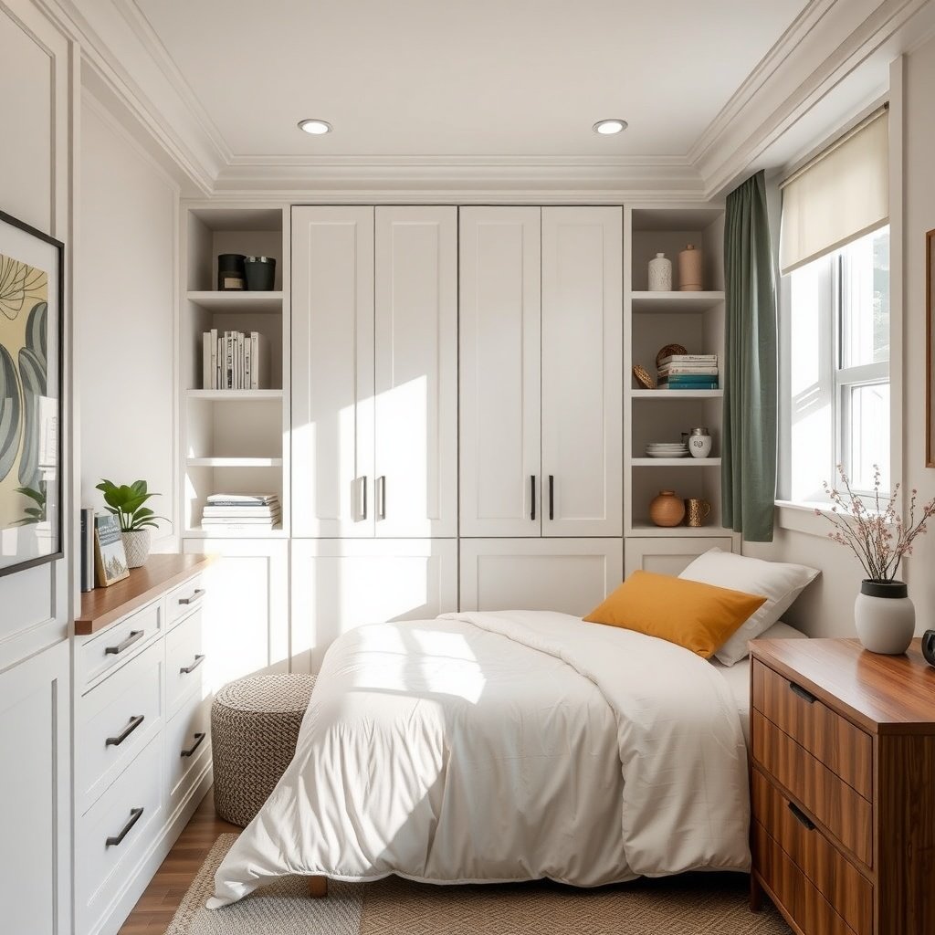 A cozy bedroom featuring built-in cabinets for space-saving storage.
