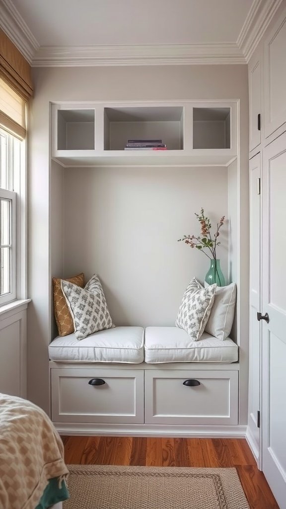 Cozy built-in nook with cushioned seating and storage underneath.