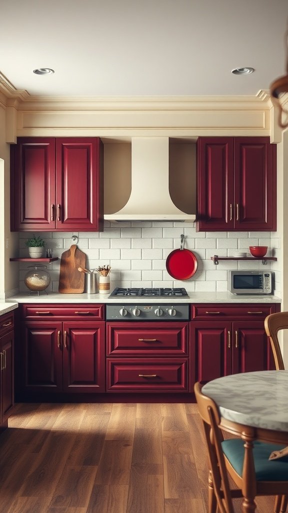 A kitchen featuring burgundy cabinets and cream countertops, creating a contrast between colors.