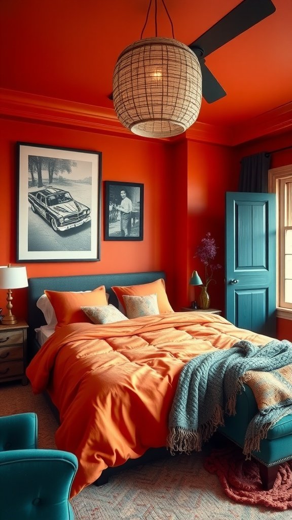 A cozy bedroom featuring burnt orange walls, deep teal accents, and a warm comforter.