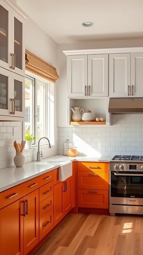 A modern kitchen featuring burnt orange and white two-tone cabinets.