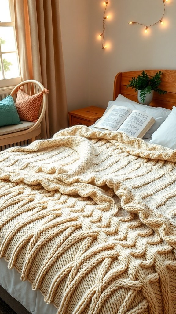 A cozy cable knit throw blanket draped over a bed with a book and decorative pillows.