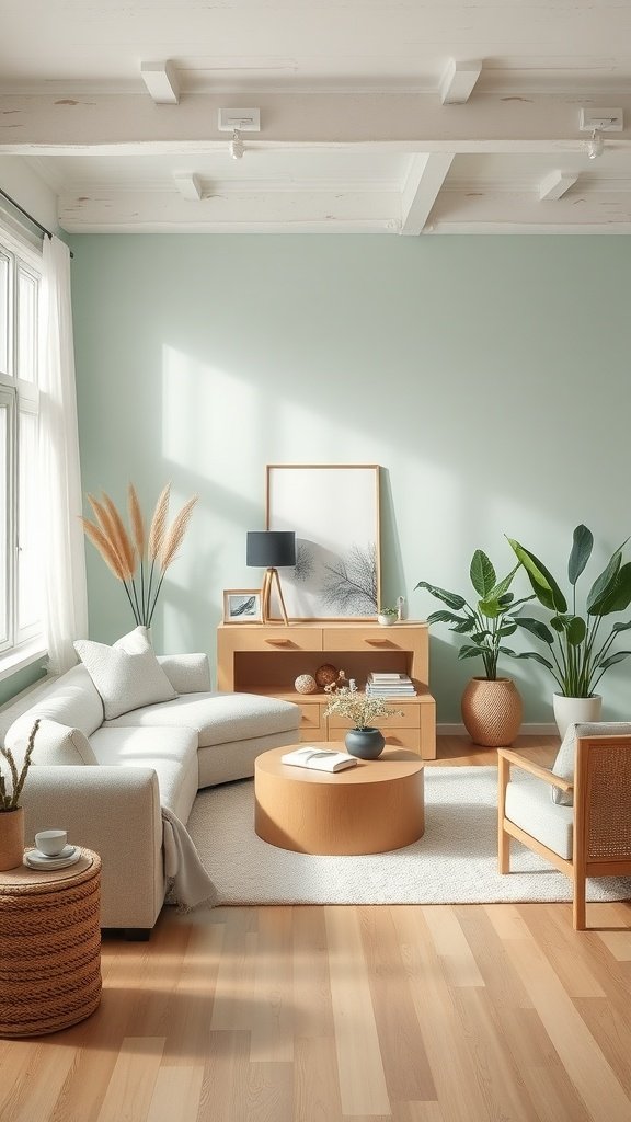 A cozy living room featuring seafoam green walls, a light gray sectional sofa, natural wood furniture, and indoor plants.