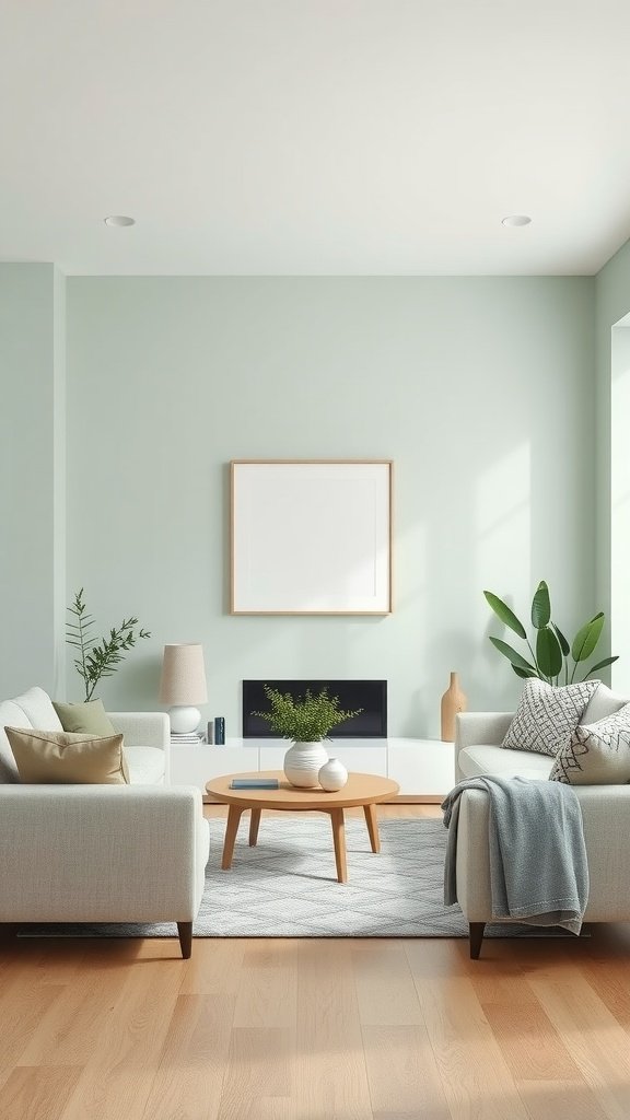 A soothing living room featuring seafoam green walls and gray furniture.