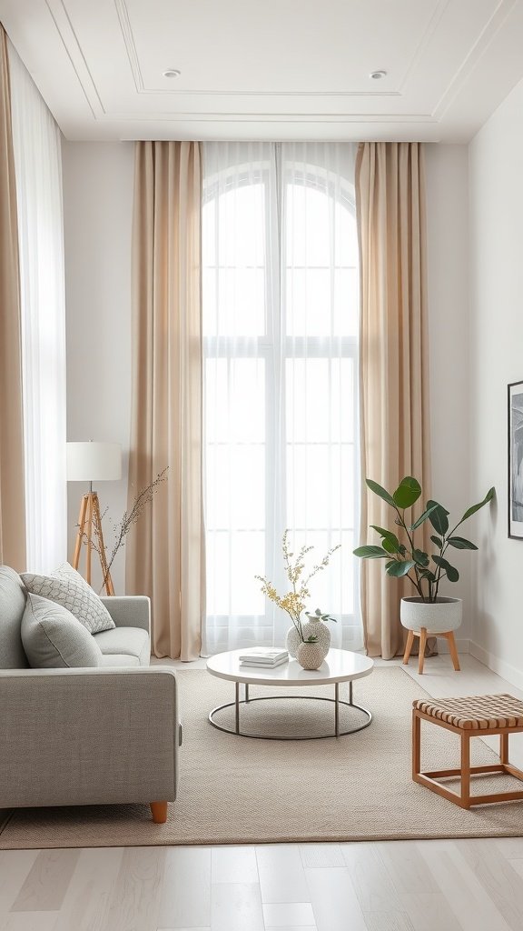 A modern living room with taupe and white decor, featuring curtains, a comfortable sofa, and a coffee table.
