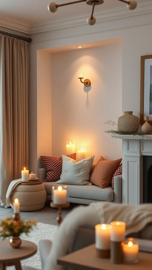 A cozy living room nook illuminated by candles, featuring a comfortable sofa and warm blankets.