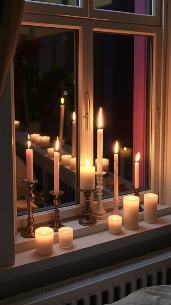 Candles of various heights lined up on a windowsill, casting a warm glow.