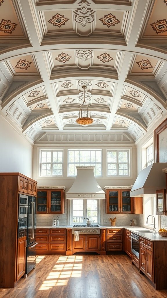 A beautifully designed kitchen with an intricate ceiling featuring detailed patterns and a warm wooden floor.
