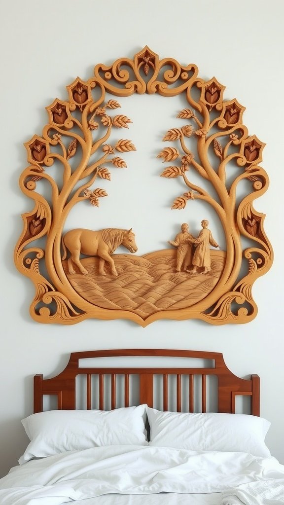 Intricate carved wooden wall art featuring trees and figures in a cabin-inspired bedroom.