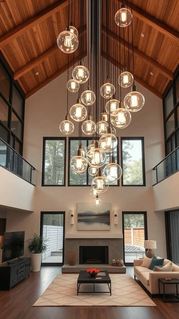 A double-height living room featuring cascading pendant lights hung from a wooden ceiling.