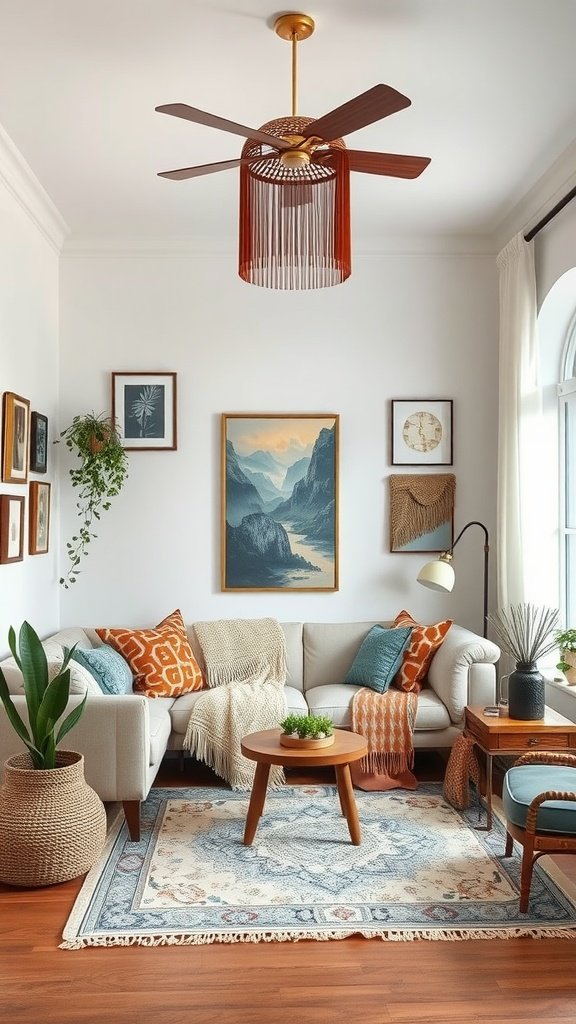 A cozy living room with mixed patterns and textures, featuring a light sofa, colorful cushions, and wall art.