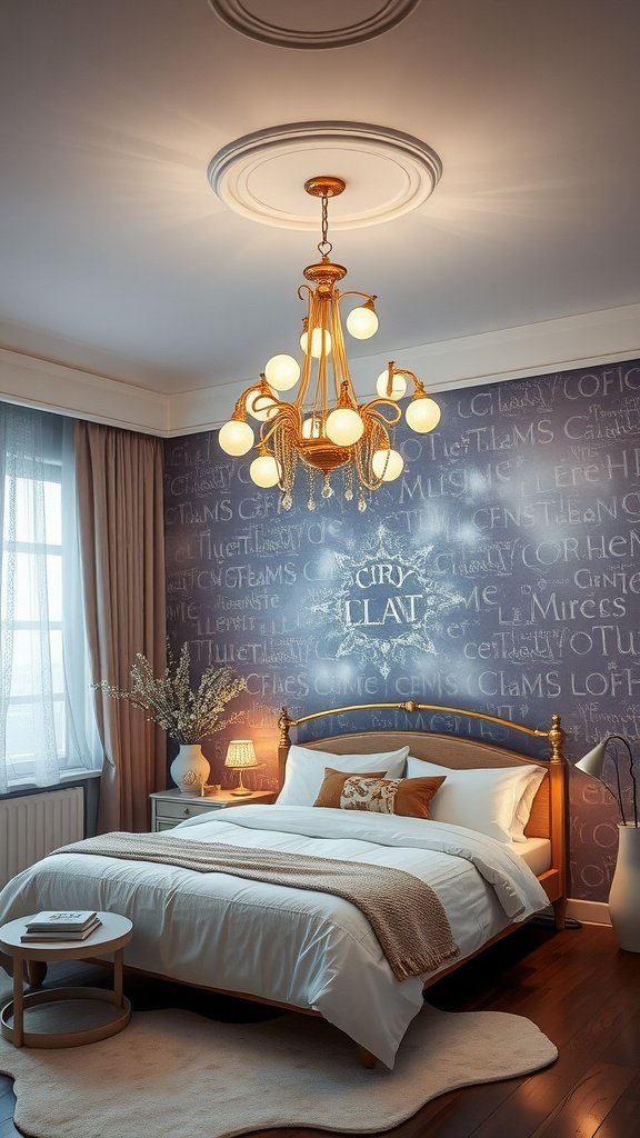 A celestial inspired chandelier hangs above a cozy bedroom with a stylish bed and warm decor.
