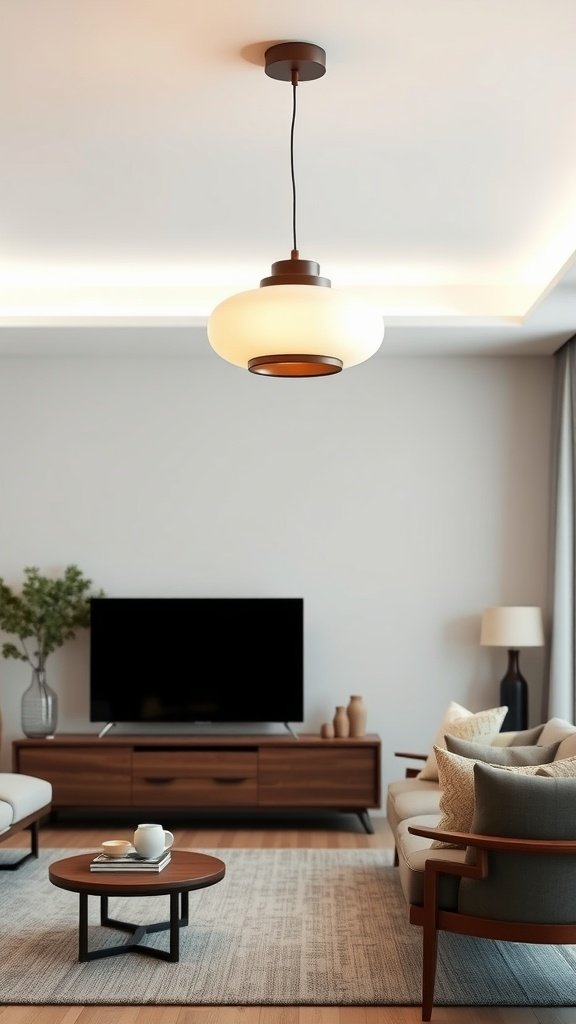 A stylish ceramic and wood light fixture hanging in a modern living room.