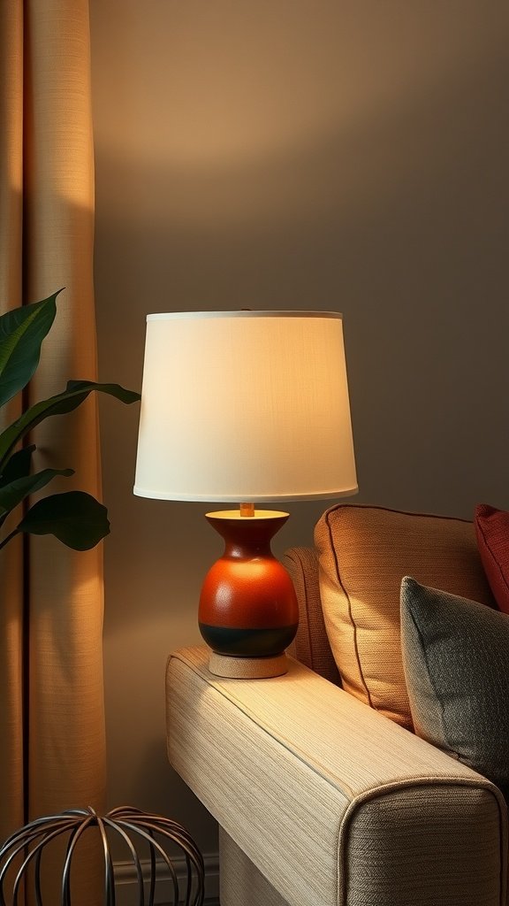 Ceramic table lamp with earthy tones beside a sofa