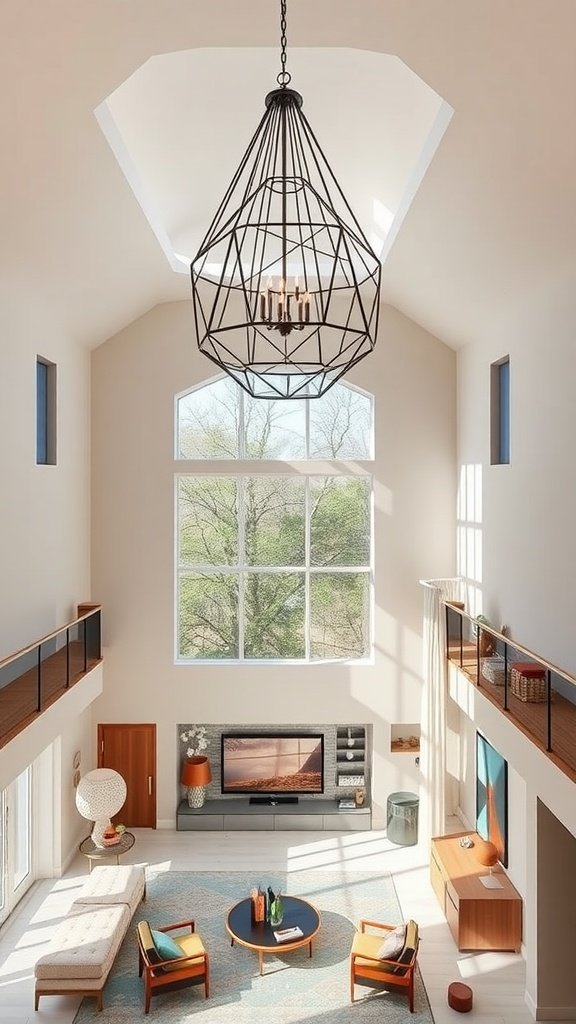 A stylish geometric chandelier hangs in a double-height living room with large windows.
