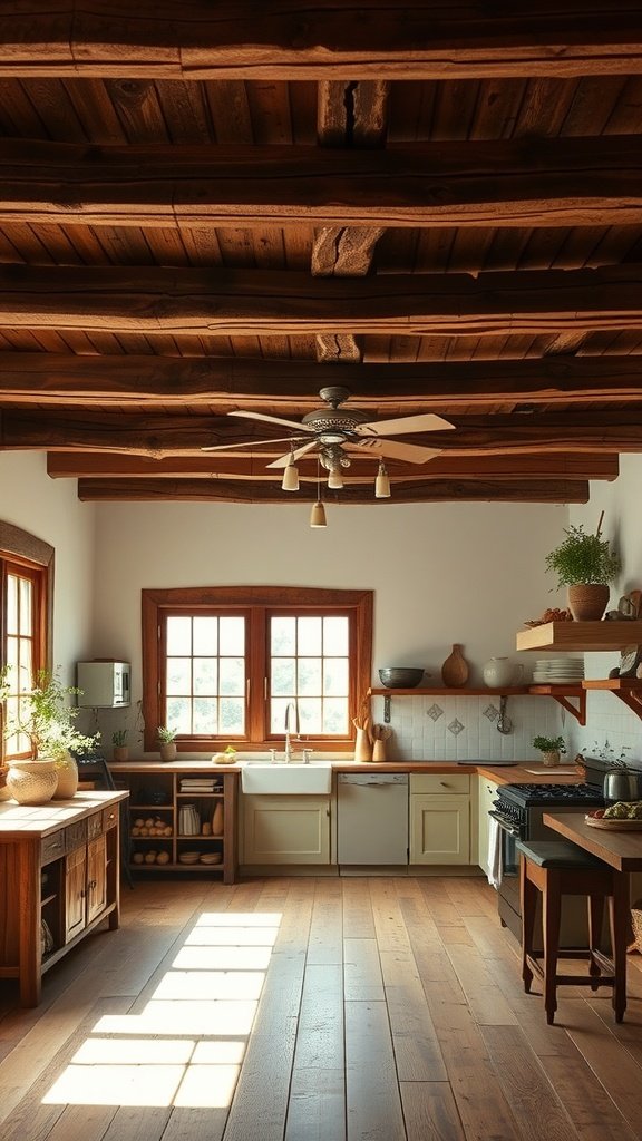 A cozy farmhouse kitchen featuring characterful wood beams and warm wooden accents.