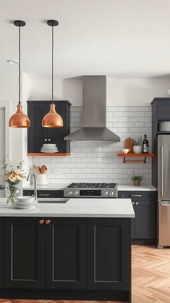 Contemporary kitchen featuring charcoal cabinets and copper lighting fixtures.