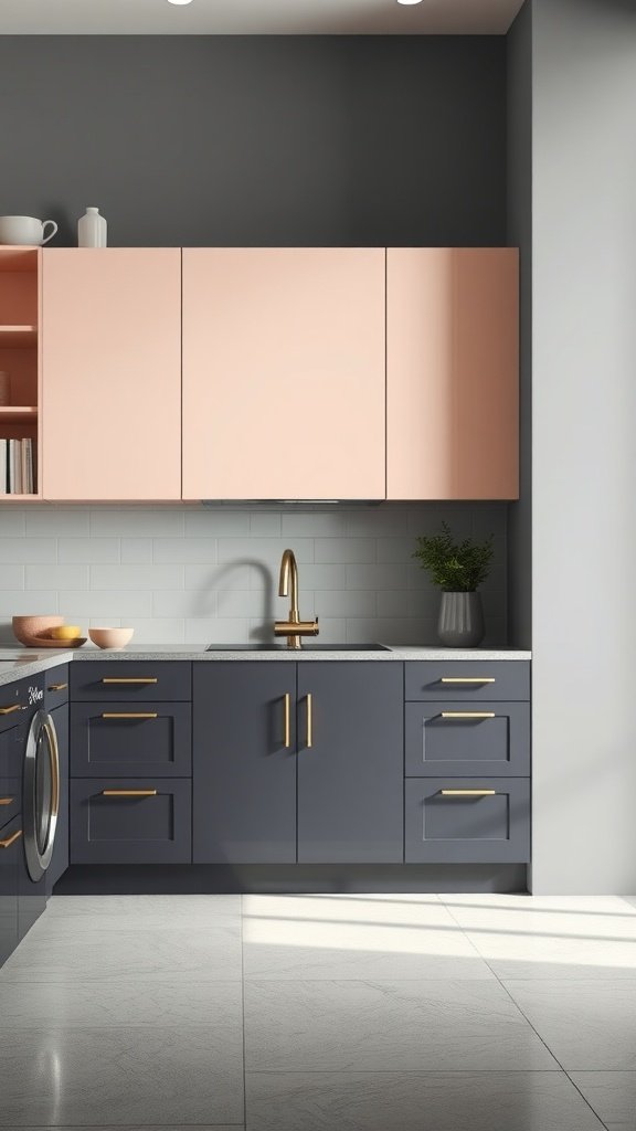 A modern kitchen featuring charcoal gray lower cabinets and soft pastel pink upper cabinets, showcasing a stylish blend of colors.