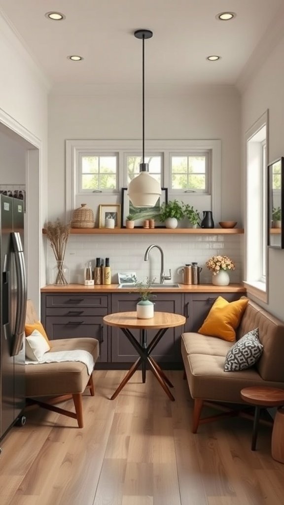 A charming breakfast nook featuring cozy seating, a wooden table, and natural light.