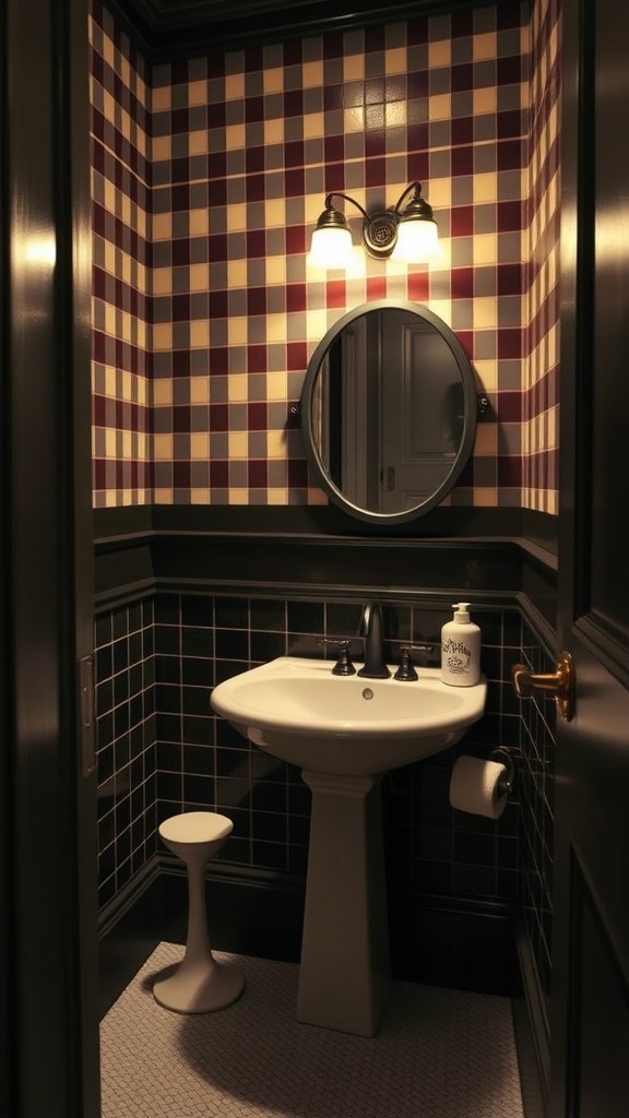Small bathroom with checkerboard patterned wallpaper.