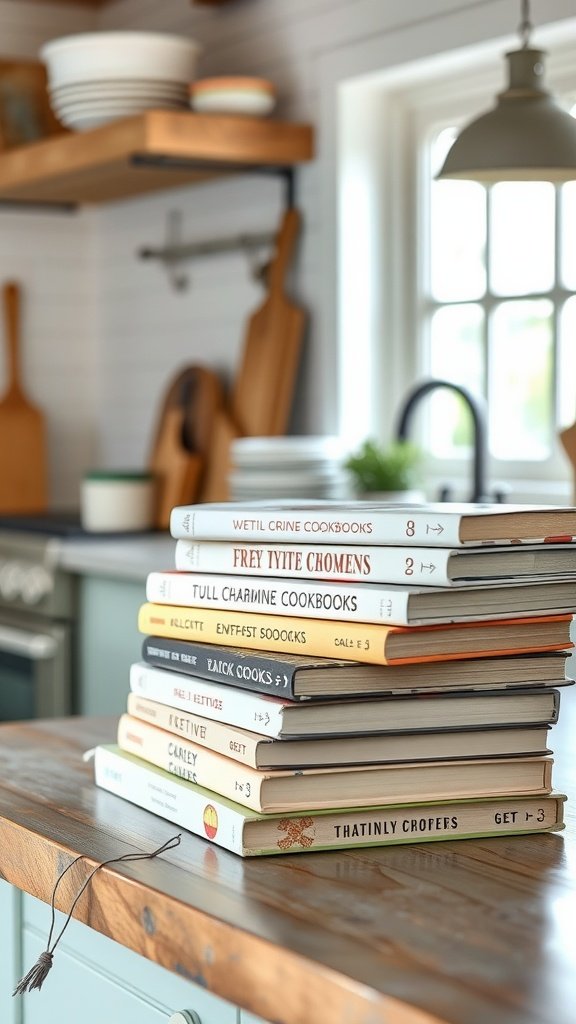 A stack of colorful cookbooks on a rustic wooden table in a cozy kitchen.