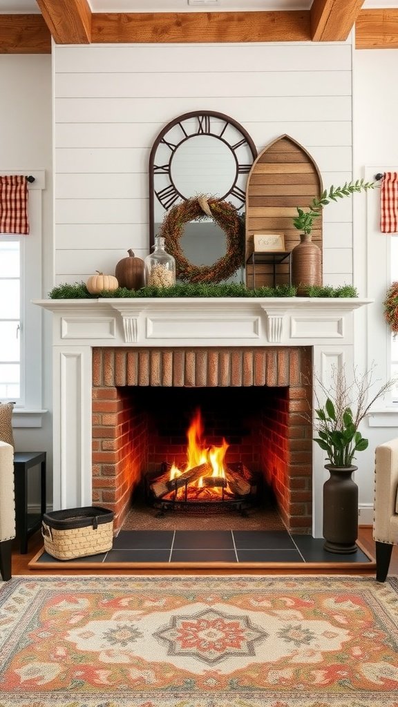 A warm and inviting fireplace in a French country living room, featuring a brick facade and decorative mantel.