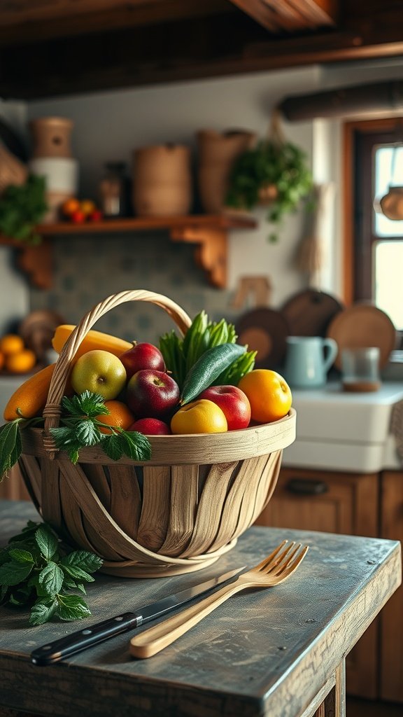 A large woven basket filled with colorful fruits and vegetables on a kitchen countertop.
