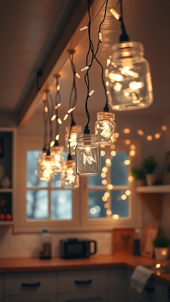 Cozy kitchen with mason jar lighting and warm ambiance