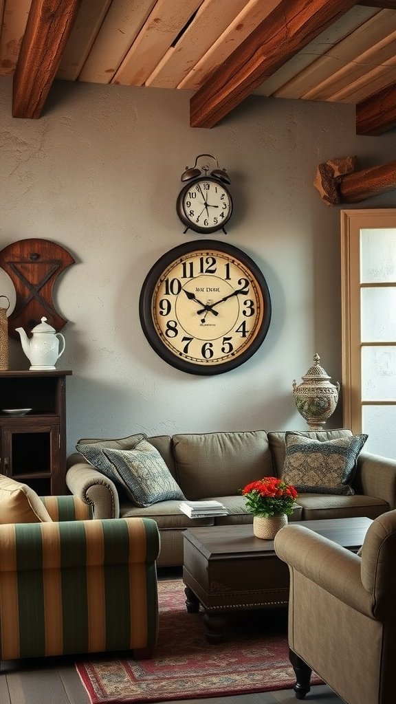 A cozy rustic living room featuring vintage clocks on the wall and a warm fireplace.