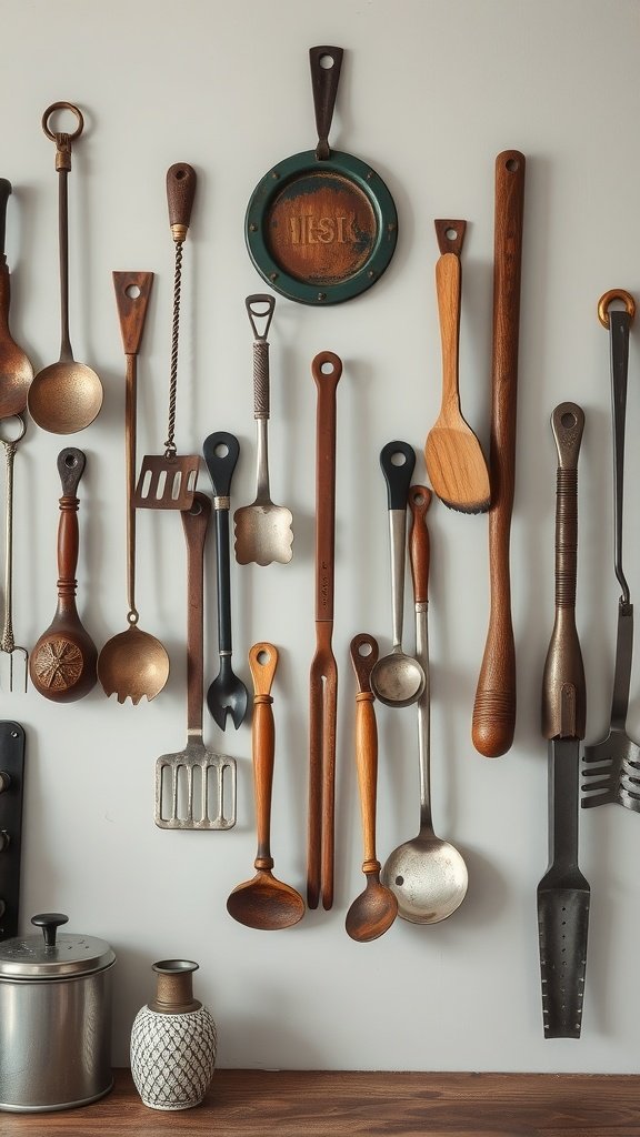 A collection of vintage kitchen tools displayed on a wall, featuring wooden and metal utensils.