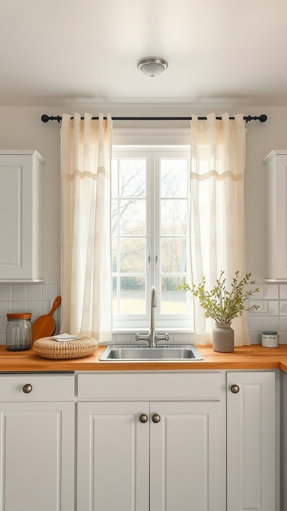 A cozy farmhouse kitchen with light curtains framing a window above a sink, complemented by a wooden countertop and minimal decor.