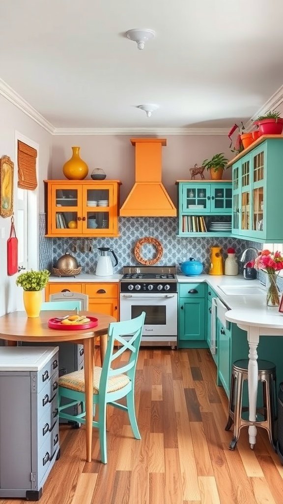 A vibrant kitchen featuring a mix of colorful furniture and decor, showcasing orange, teal, and natural wood tones.
