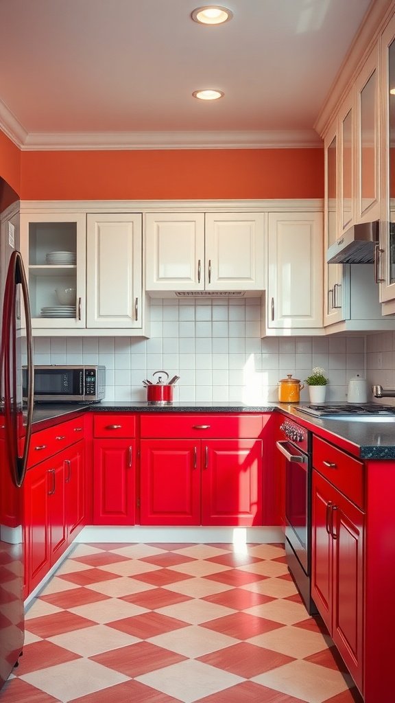 A modern kitchen featuring cherry red cabinets and white upper cabinets with a checkerboard floor.