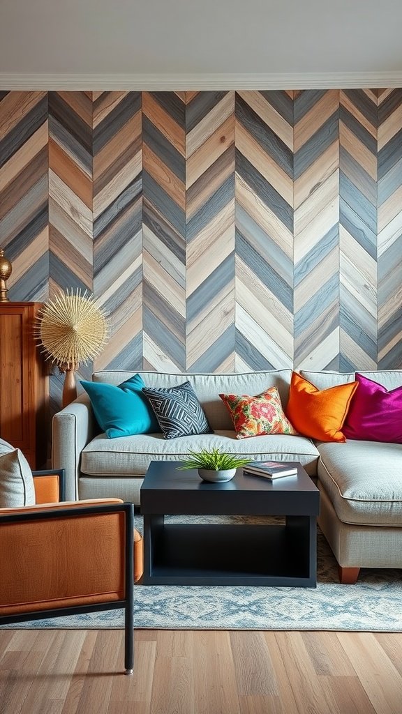 Living room with chevron patterned wood paneling on the wall and colorful cushions on the couch.